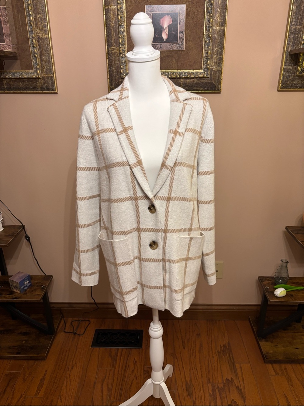 Ann Taylor Cream Windowpane Blazer with Tan Grid